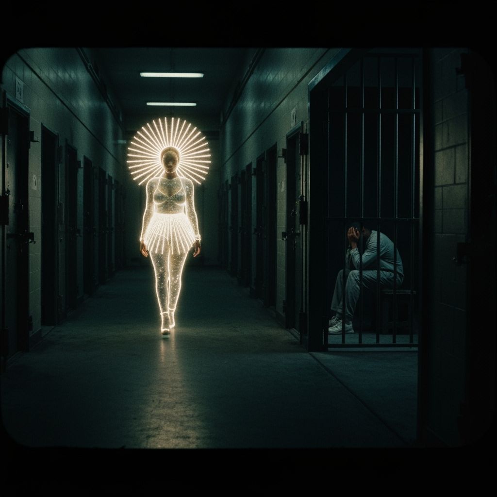 Radiant Woman Illuminates Dark Prison Corridor