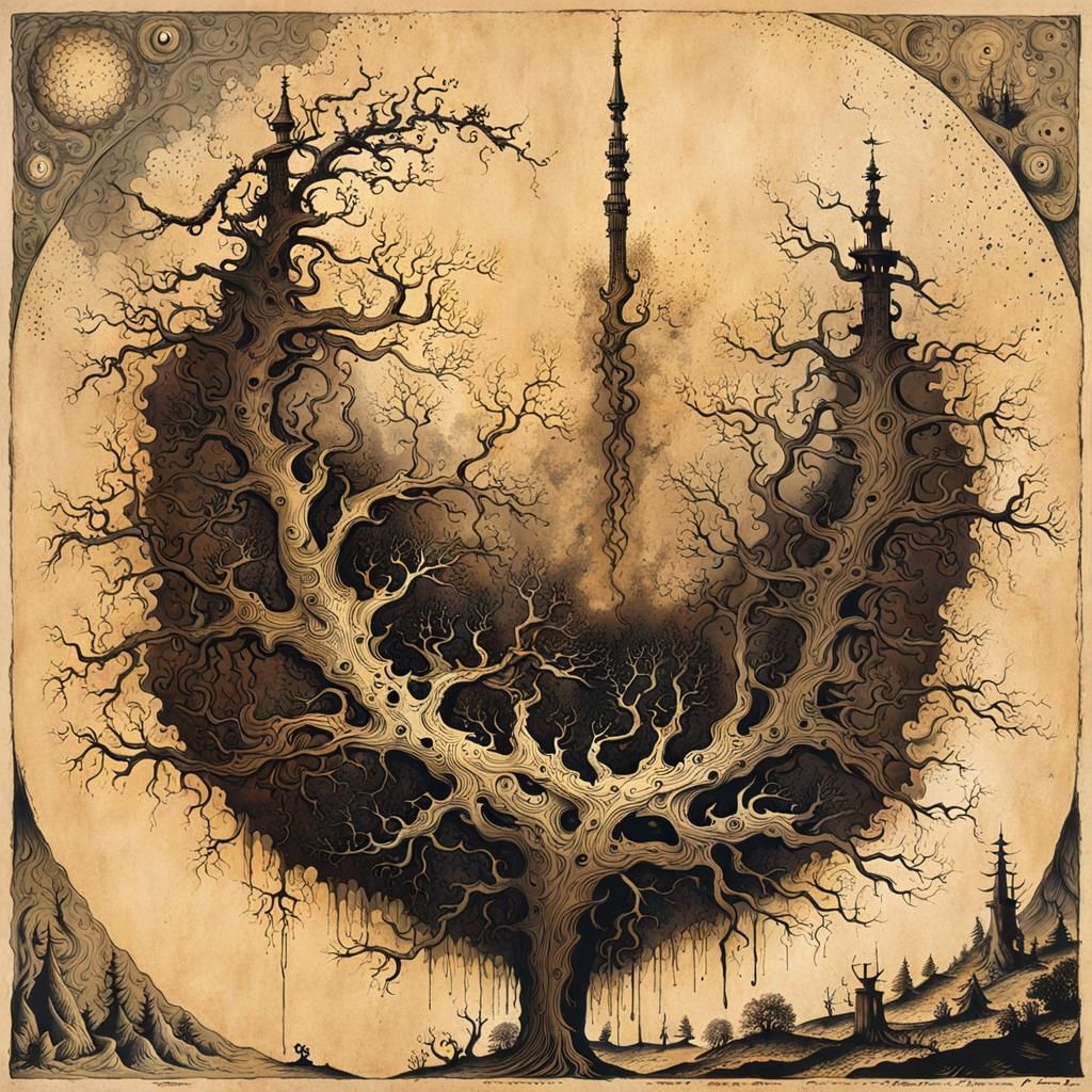 Larch Tree on Parchment in Grattage Style