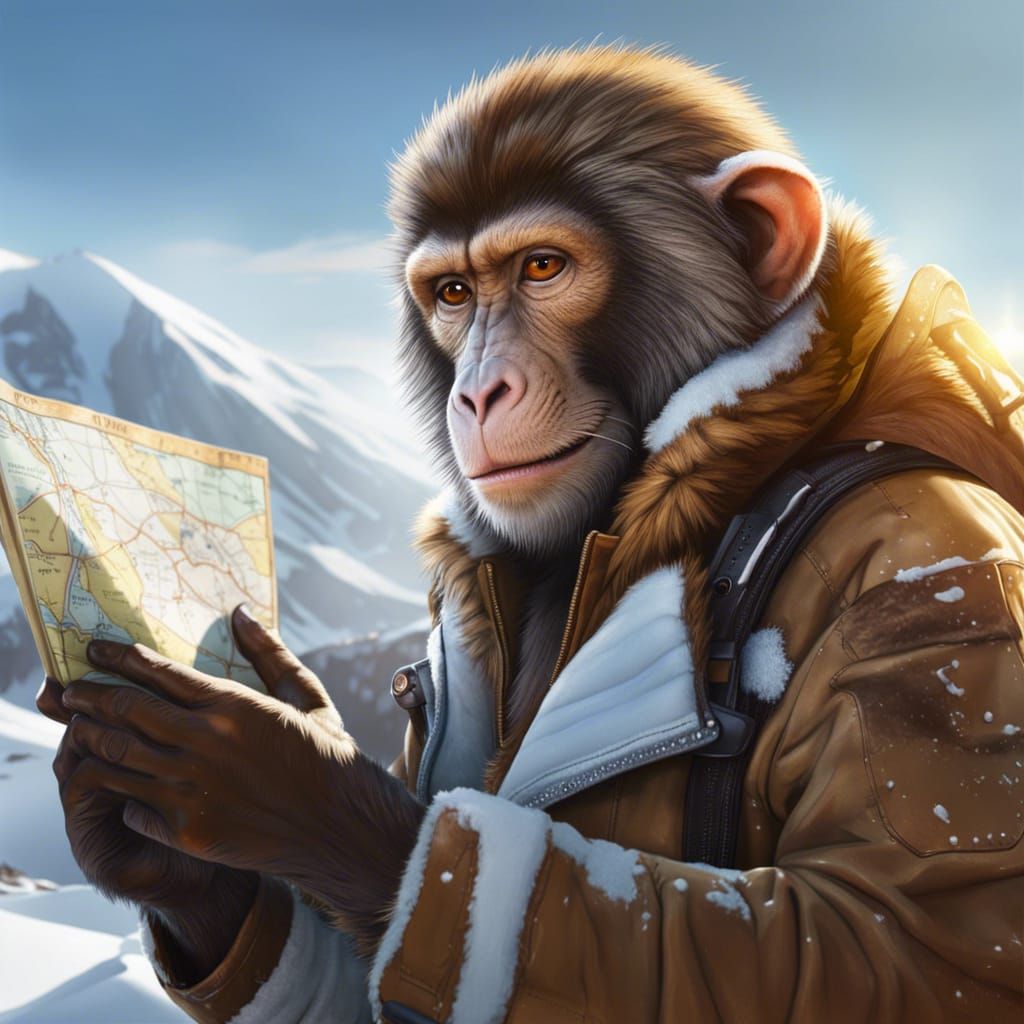 Monkey Traveler in Winter Landscape, Hyper-Realistic Art