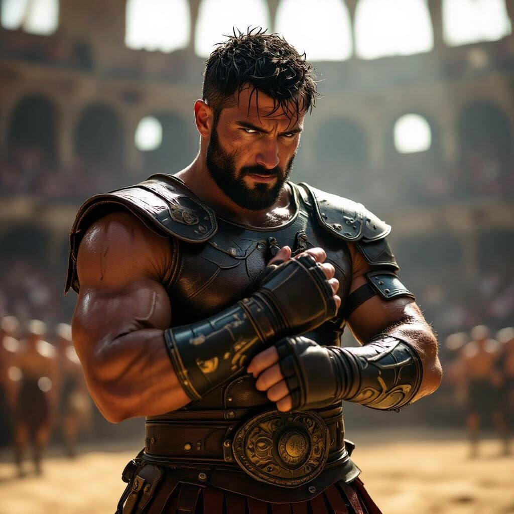 Intense Gladiator in Arena, Hyperdetailed Digital Art