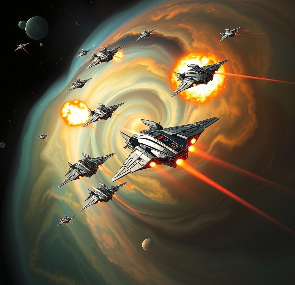 Futuristic Spaceships Dogfight Above Nebula
