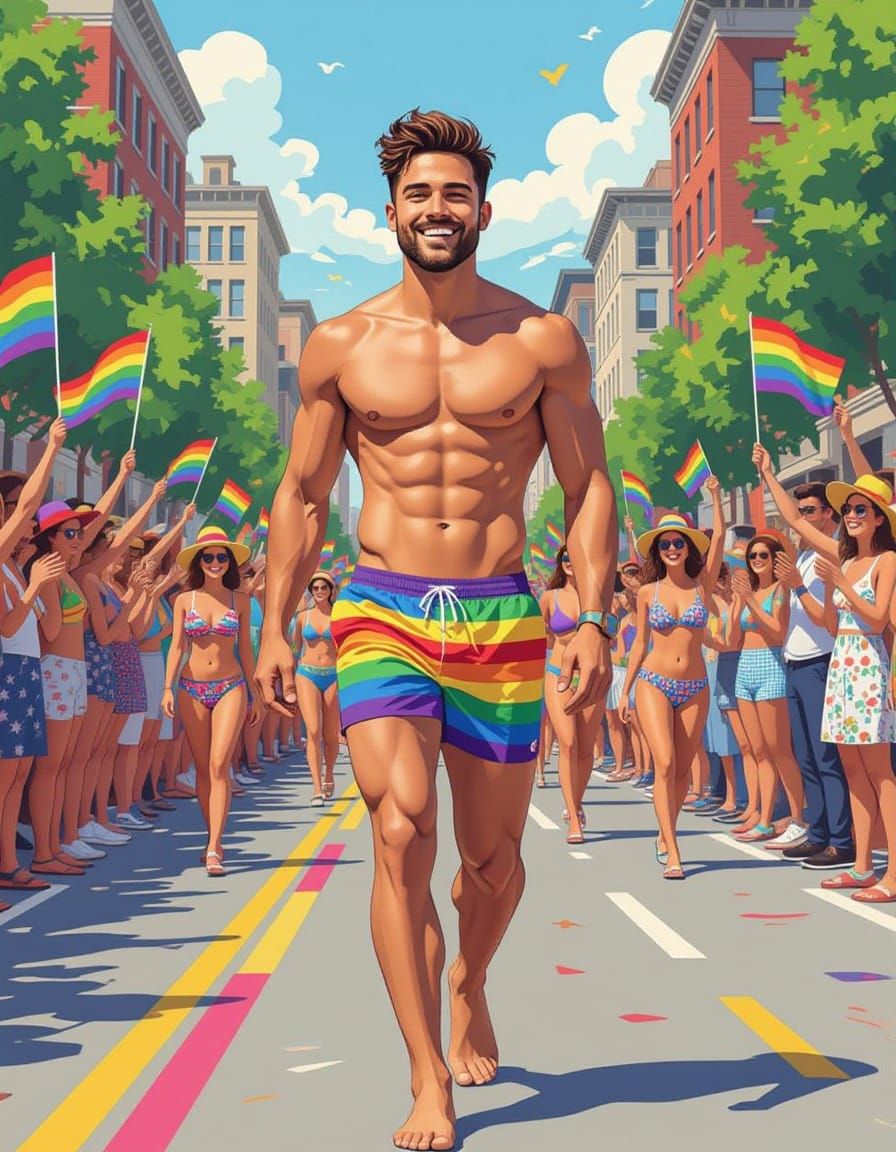 Joyful Man at Pride Parade in Vibrant Illustration Style