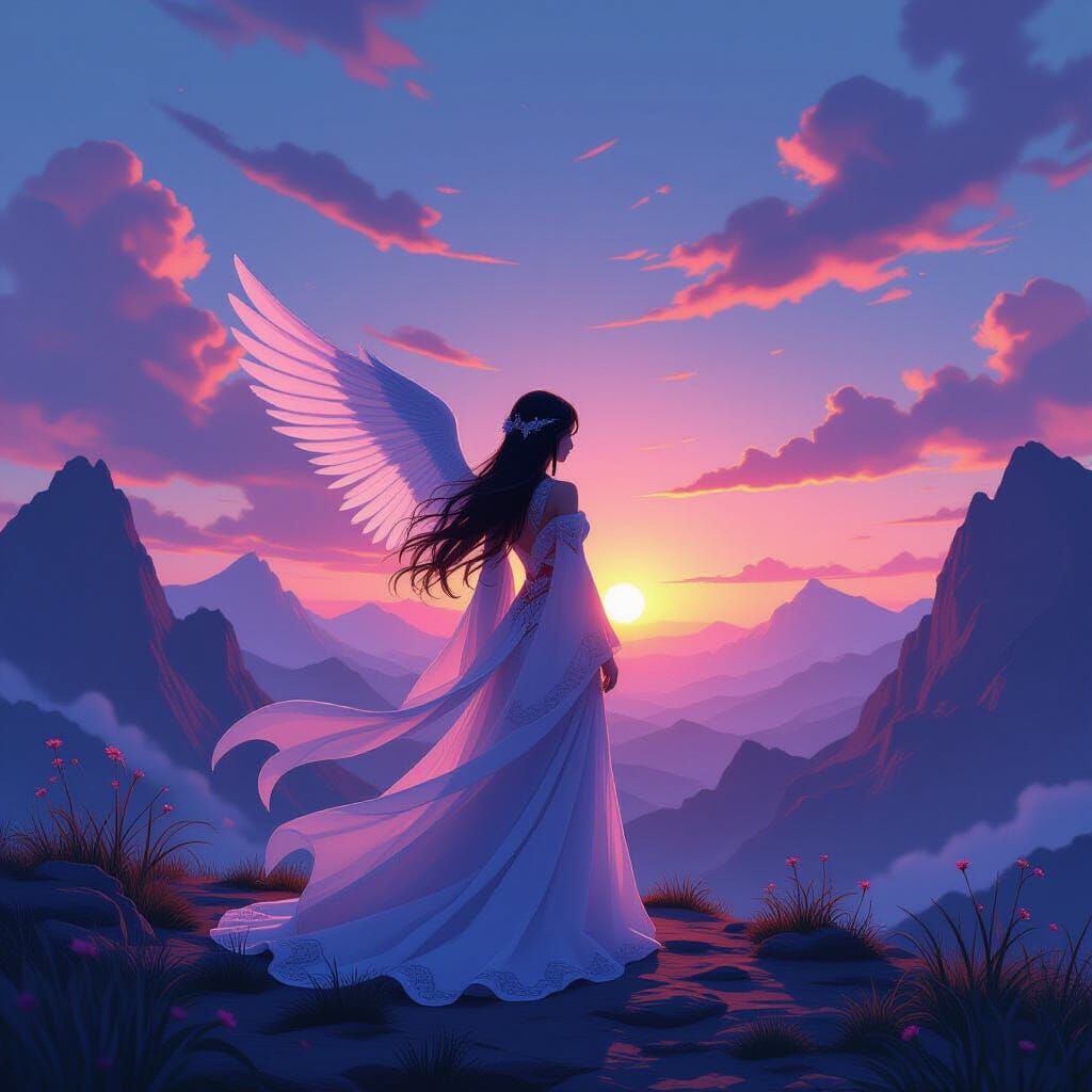 Ethereal Woman with Wings at Sunset: Anime Art