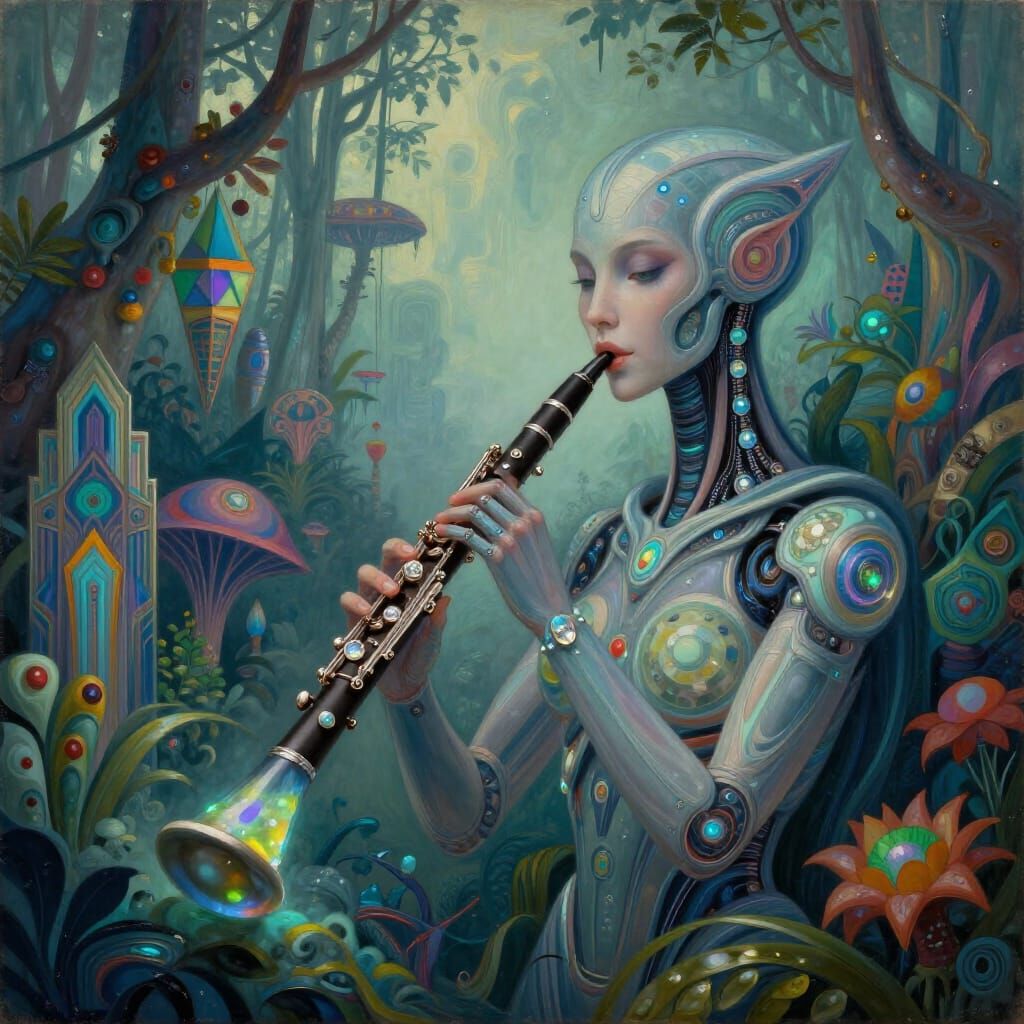 Obsidian Clarinet Held by Cyborg in Alien Jungle