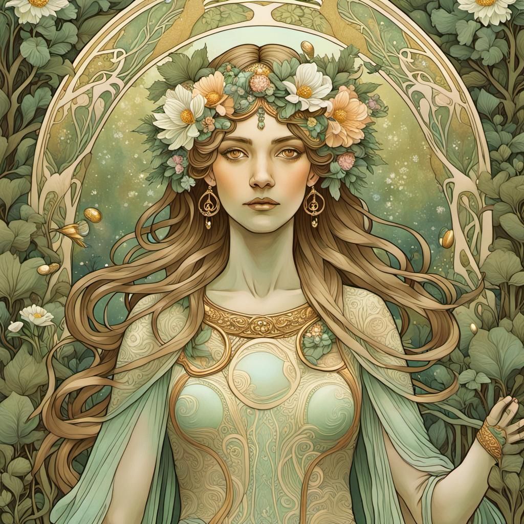 Art Nouveau Goddess Ostara in Forest