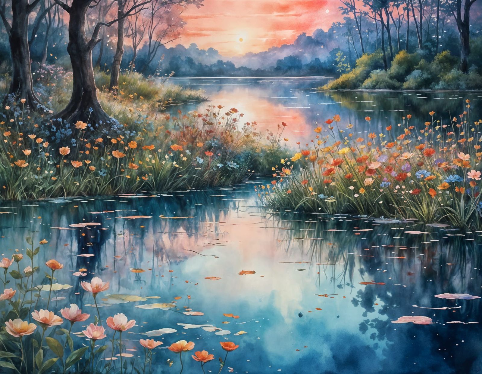 Rainbow Lake Glade at Night in Watercolor Style