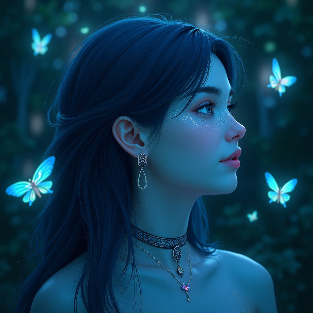 Blue-Skinned Girl in Bioluminescent Forest, Digital Art