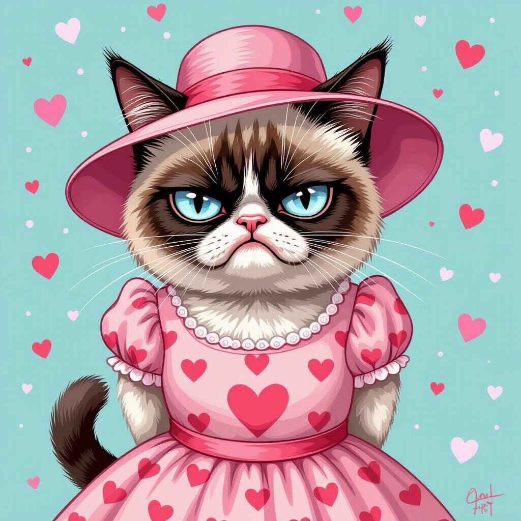 Grumpy Cat in Pink Dress: A Whimsical Portrait