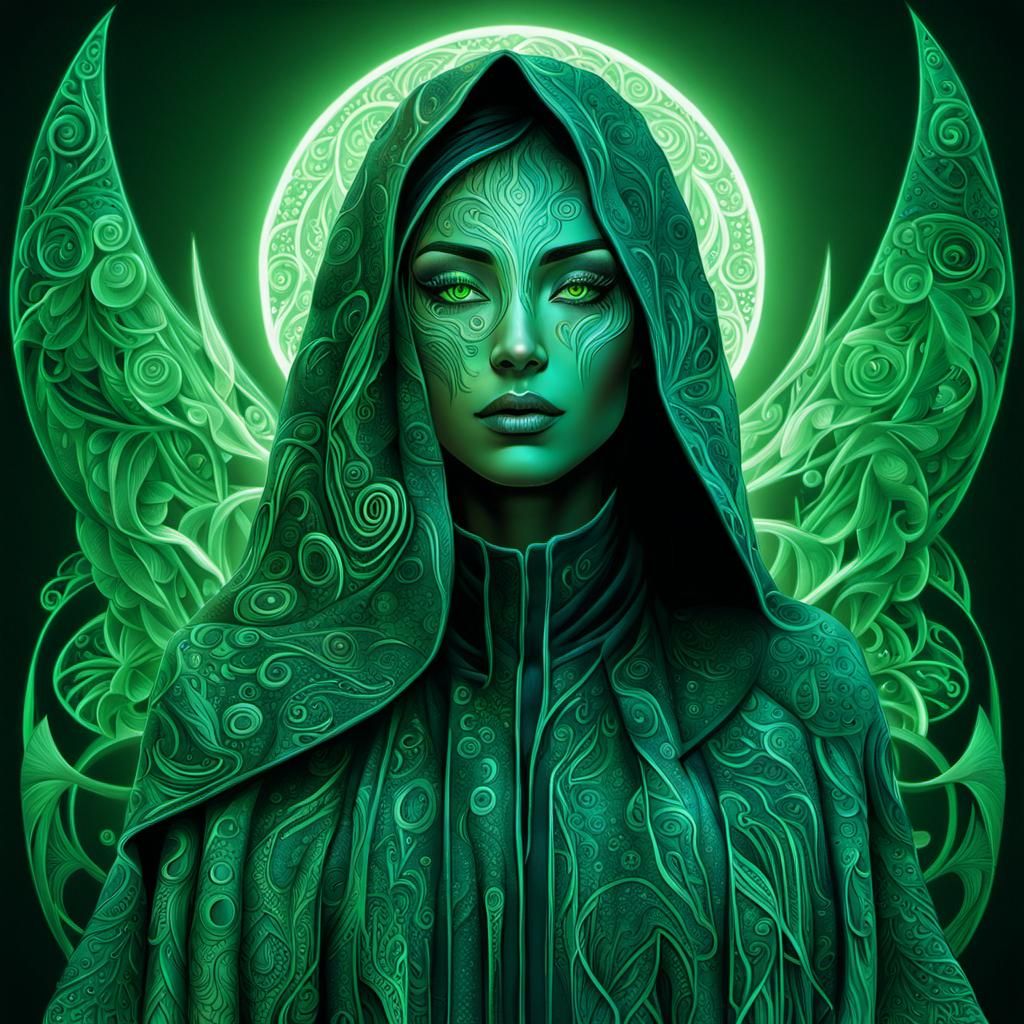 Girl in Futuristic Cloak with Glowing Eyes