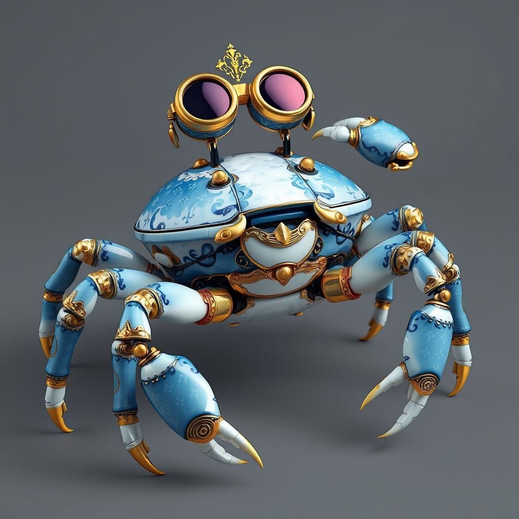 A walking robot crab dressed in Blue and white porcelain sty...