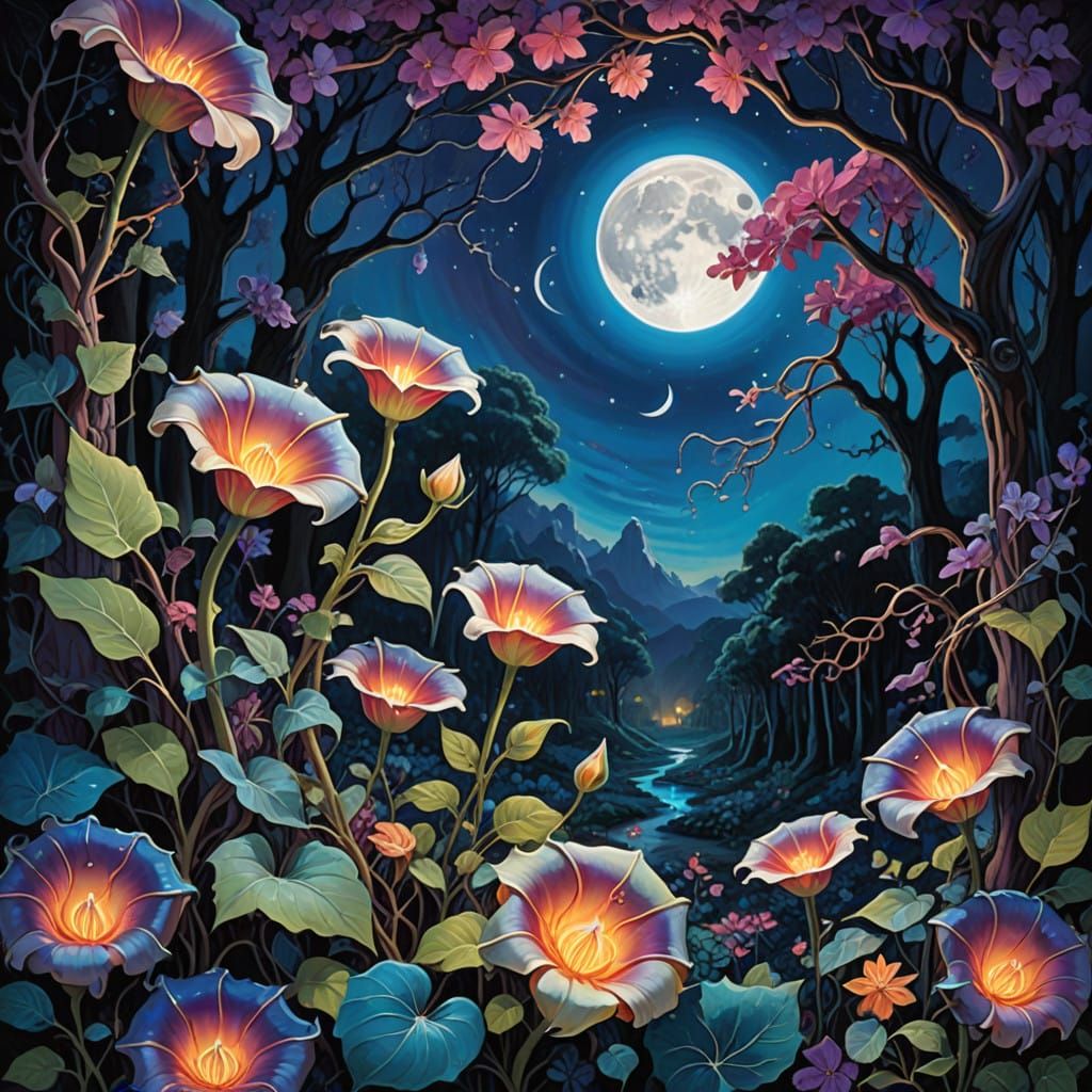 Surreal Blood Moon Illuminates Lush Moonflower Forest