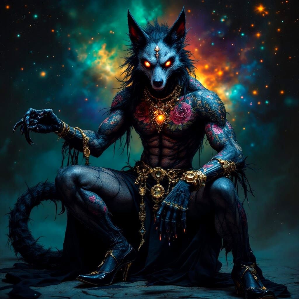 Elegant Hyena Undertaker in Cosmic Setting