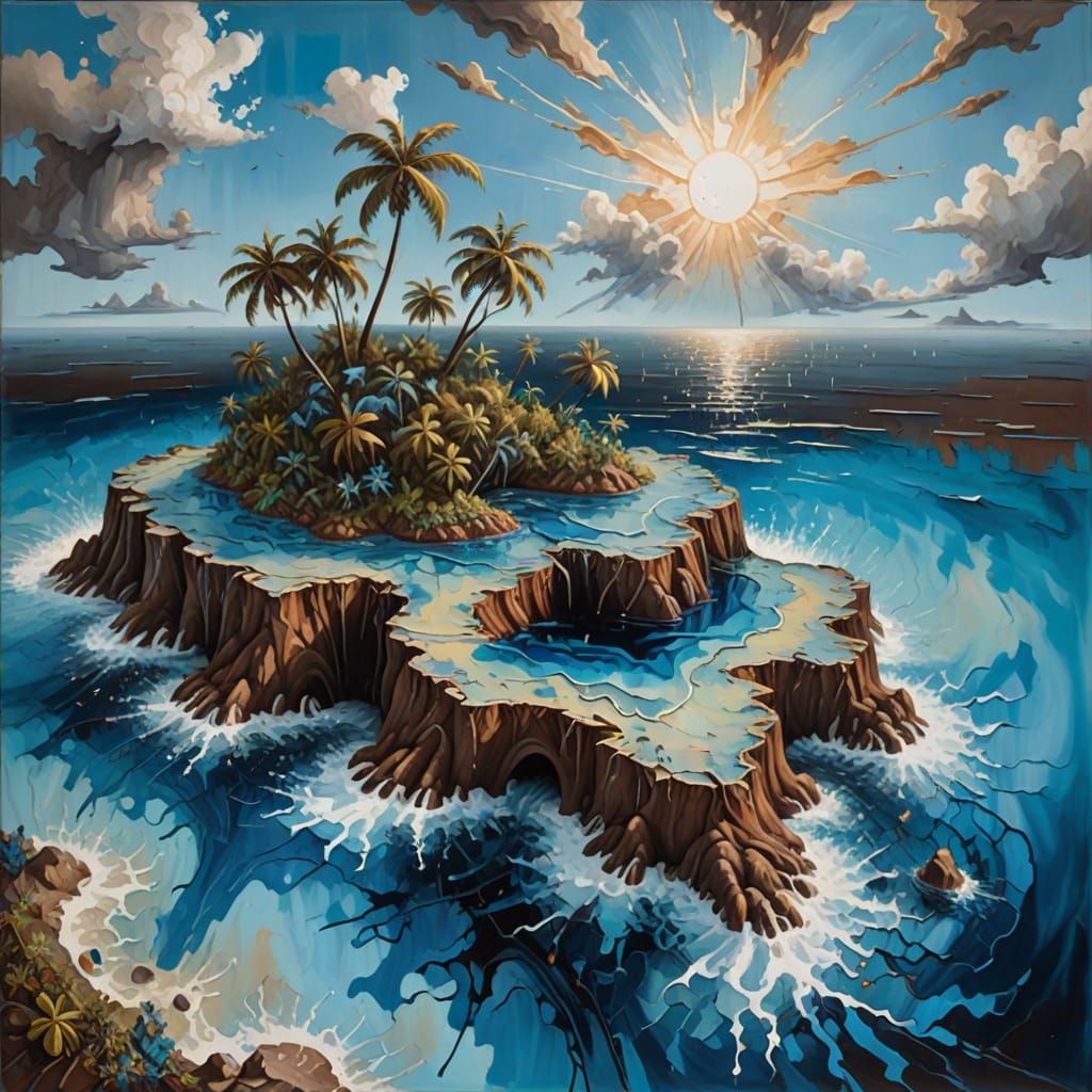Surreal Caribbean Island Oil Painting in Abstract 3D Style