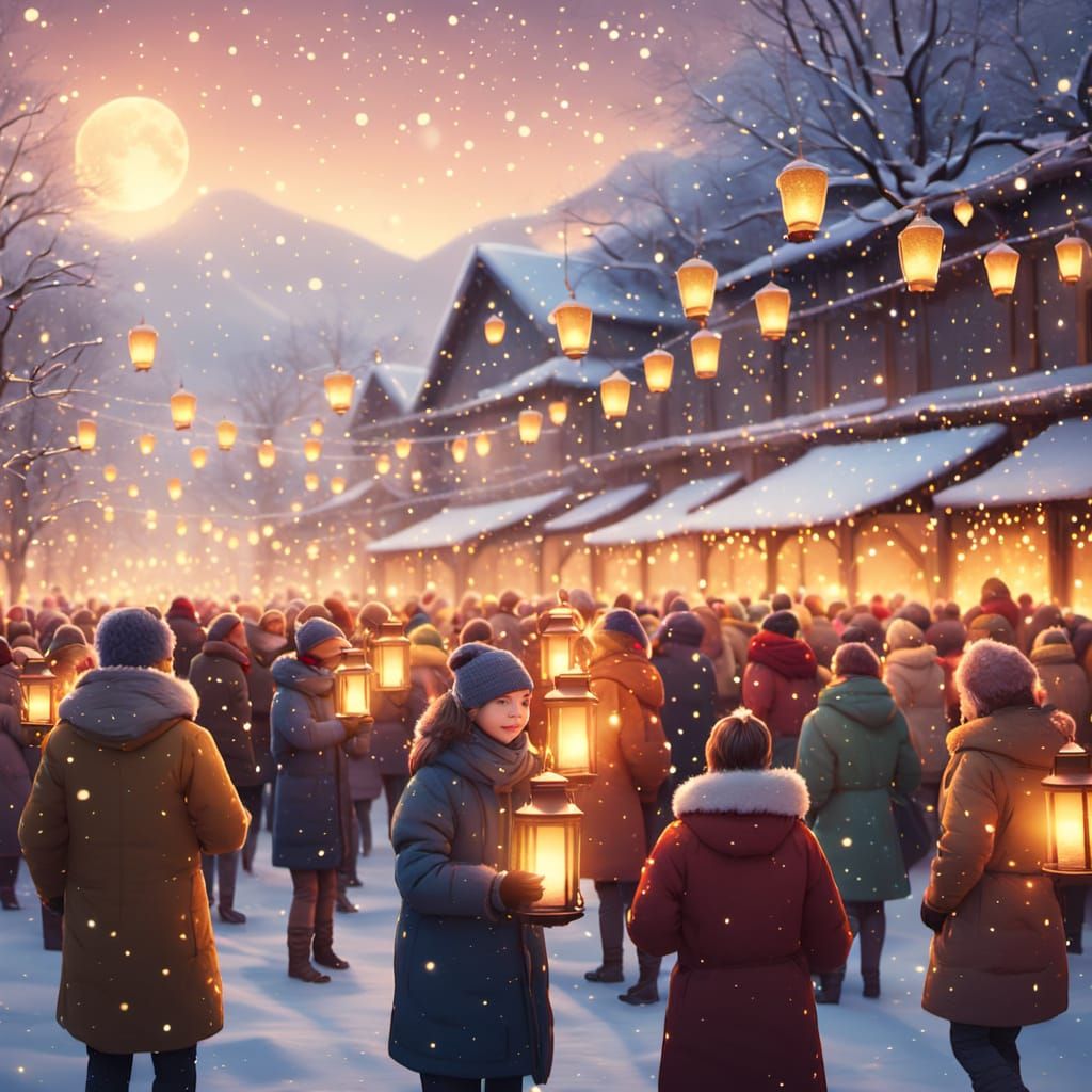 Winter Festival with Glowing Lanterns and Falling Snow