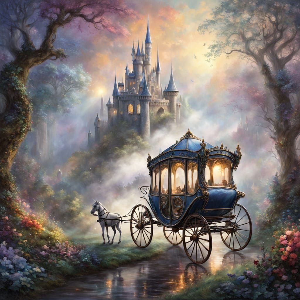 Antique Silver Carriage Before Elven Castle in Enchanted For...