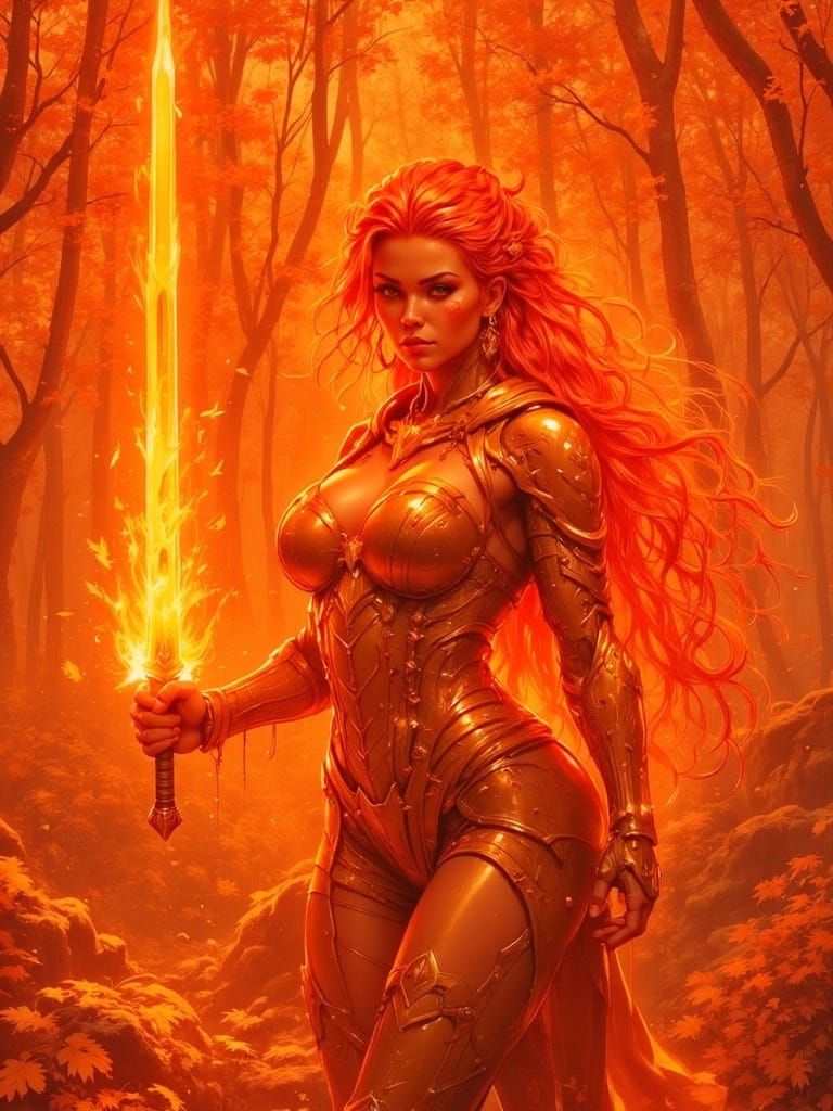 Fire Elemental Elf Wields Flaming Sword in Autumn Forest