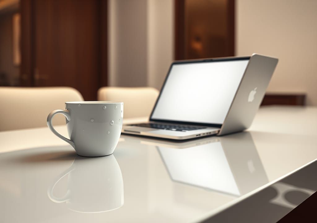 White Coffee Cup on Desk: Hyperrealistic Office Scene