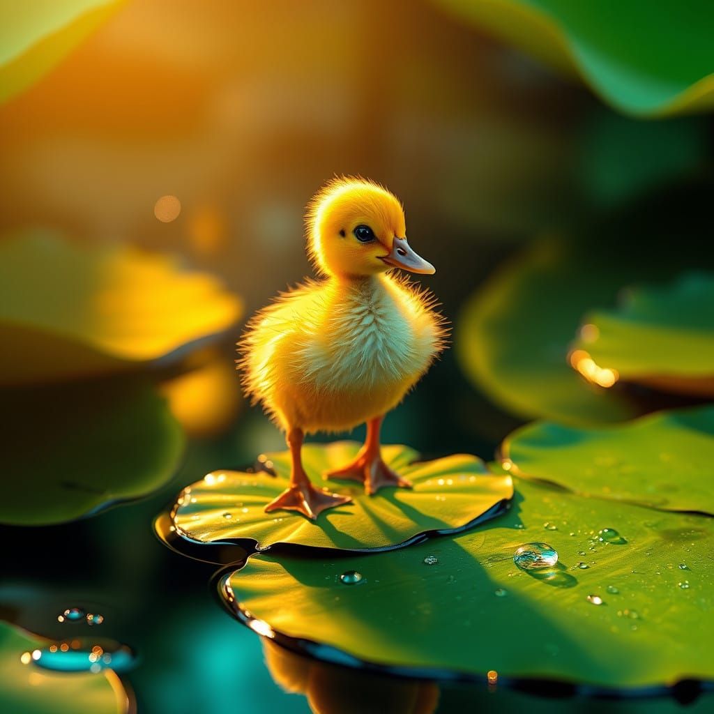 Dreamlike Duckling on Vibrant Lily Pad in Fantasy Realm