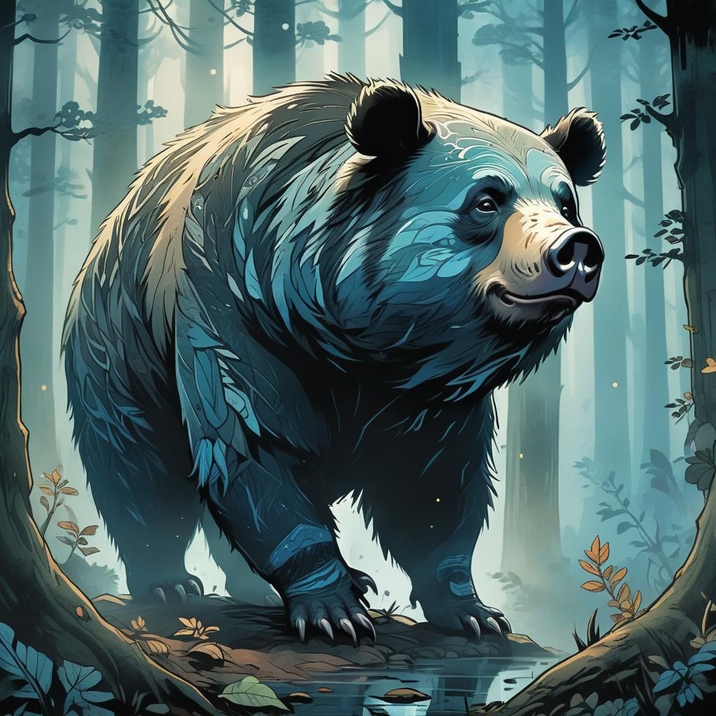 Chinese Bear Pig in Misty Forest: Comic Art