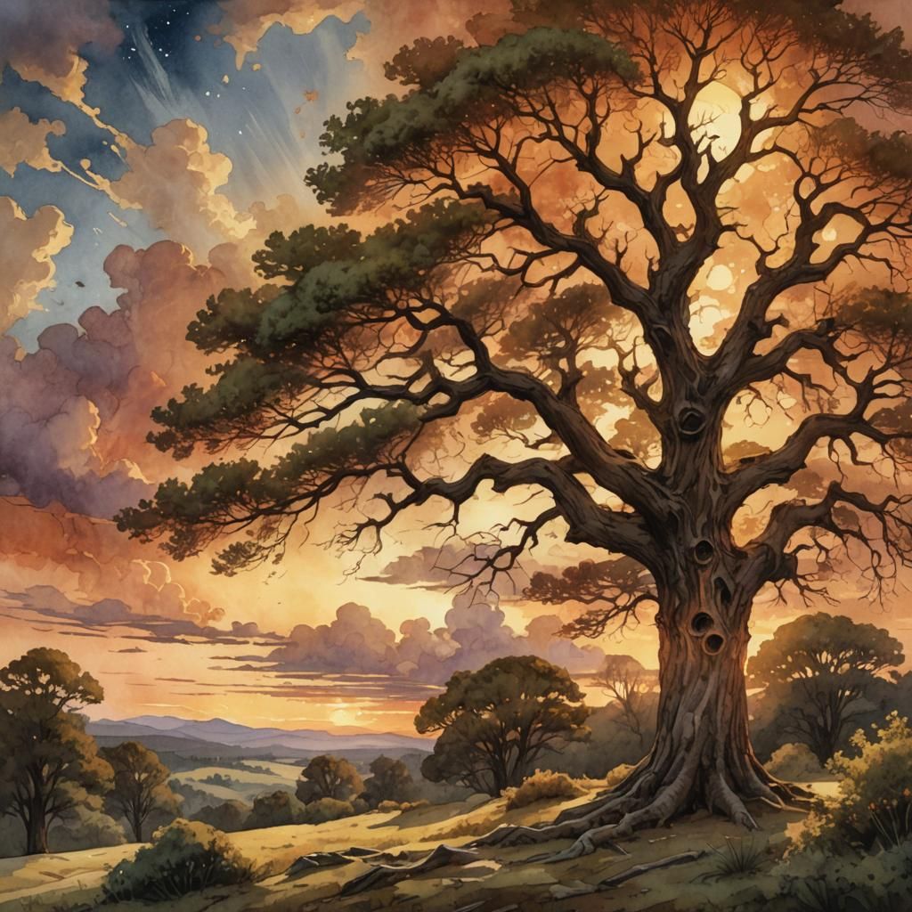 Watercolor Sunset Landscape in a Romantic Style