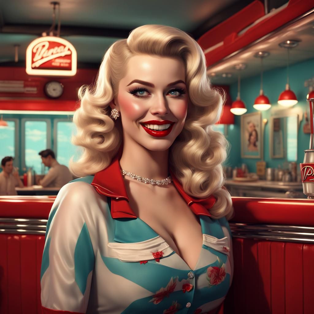 1950s Diner Scene with Pinup Girl, Digital Art