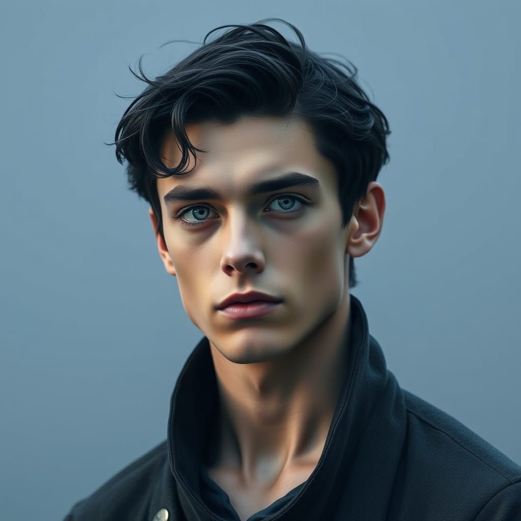 Regal Young Man with Piercing Grey Eyes