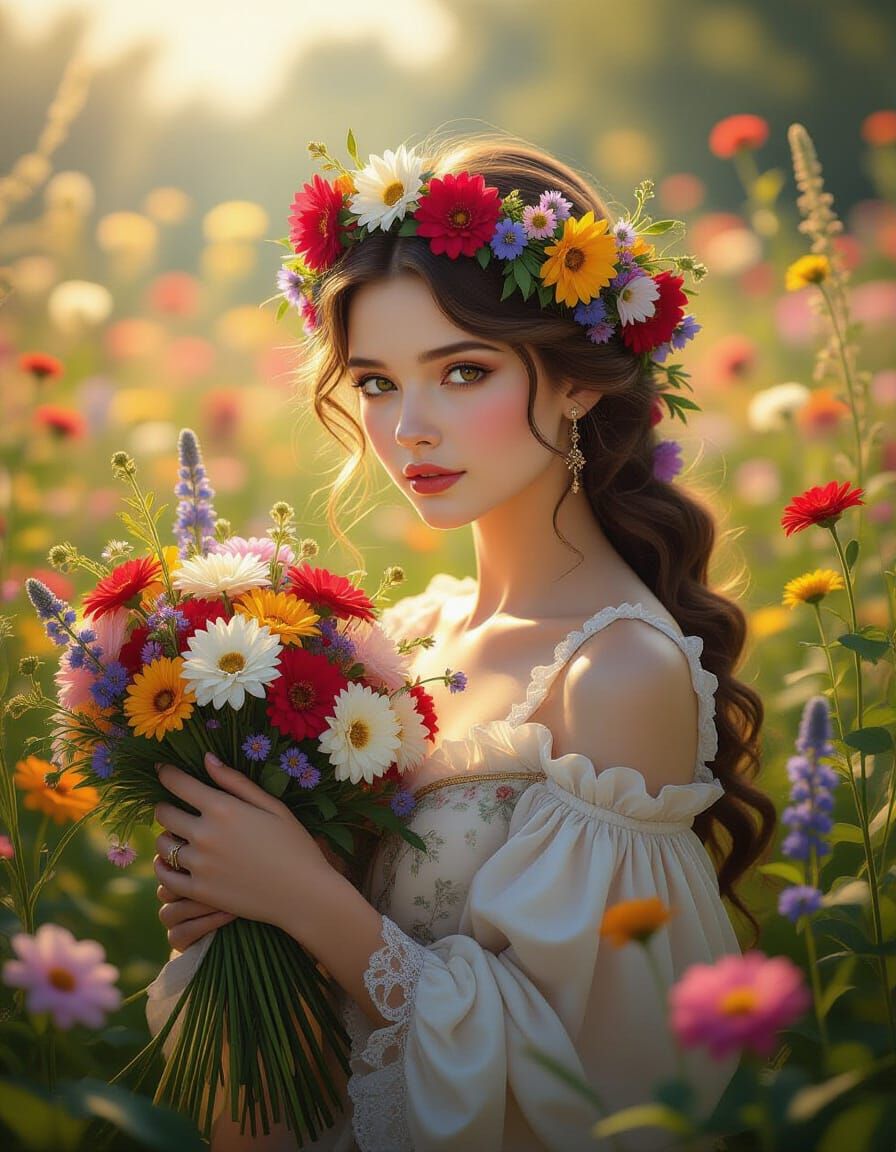 Elegant Lady in Blooming Garden: Digital Art Portrait