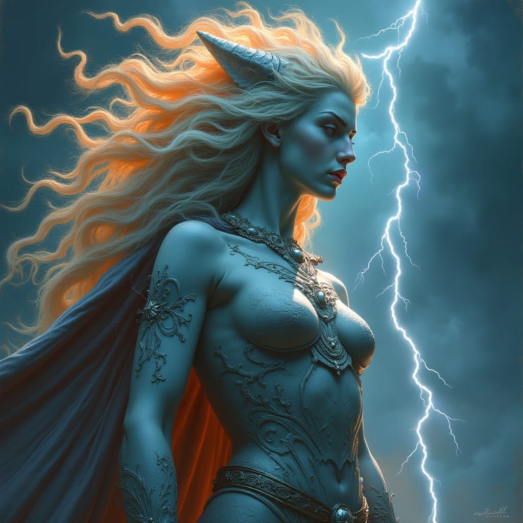 Goddess of Elemental Fury in a Stormy Fantasy Landscape