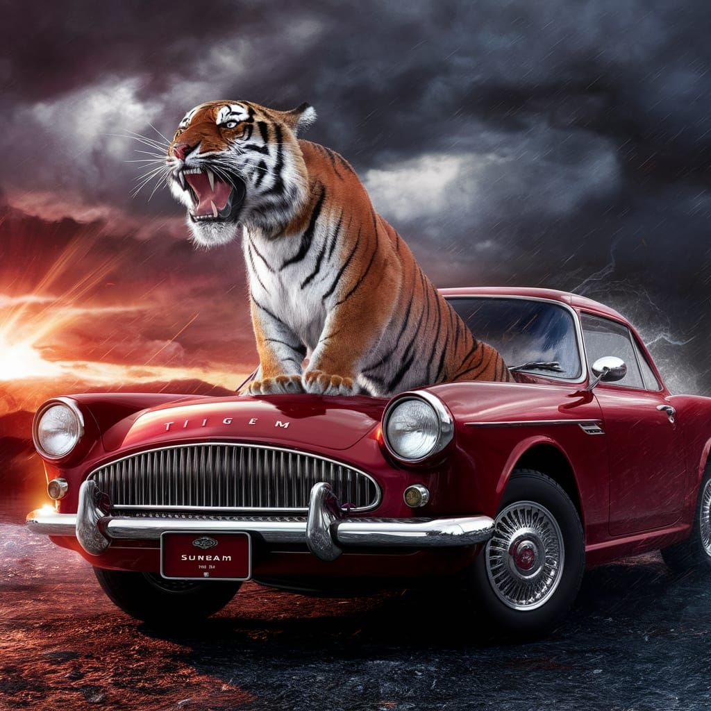 Majestic Tiger Roaring on a Sunbeam Tiger Car