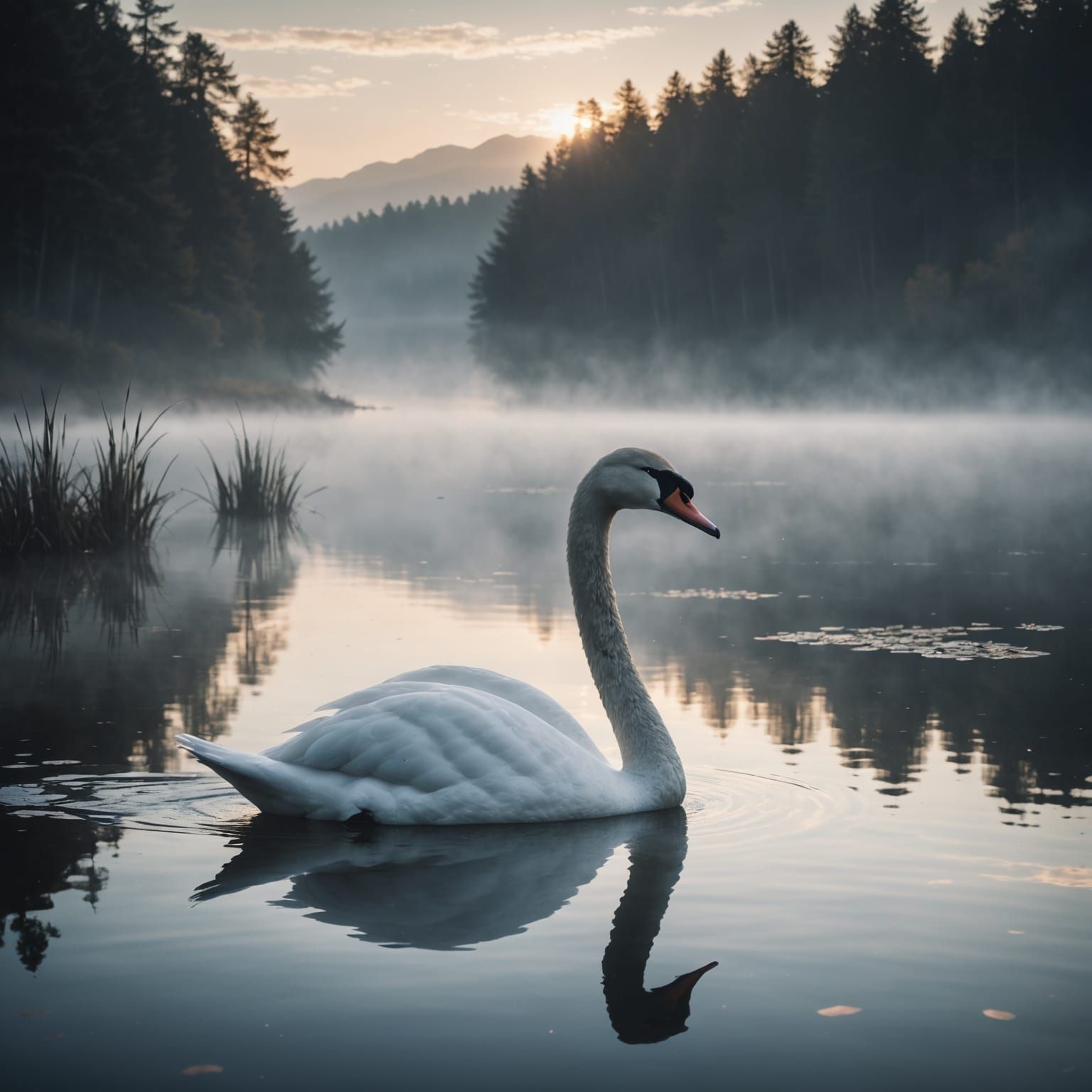 Majestic Swan on Reflective Lake at Dawn