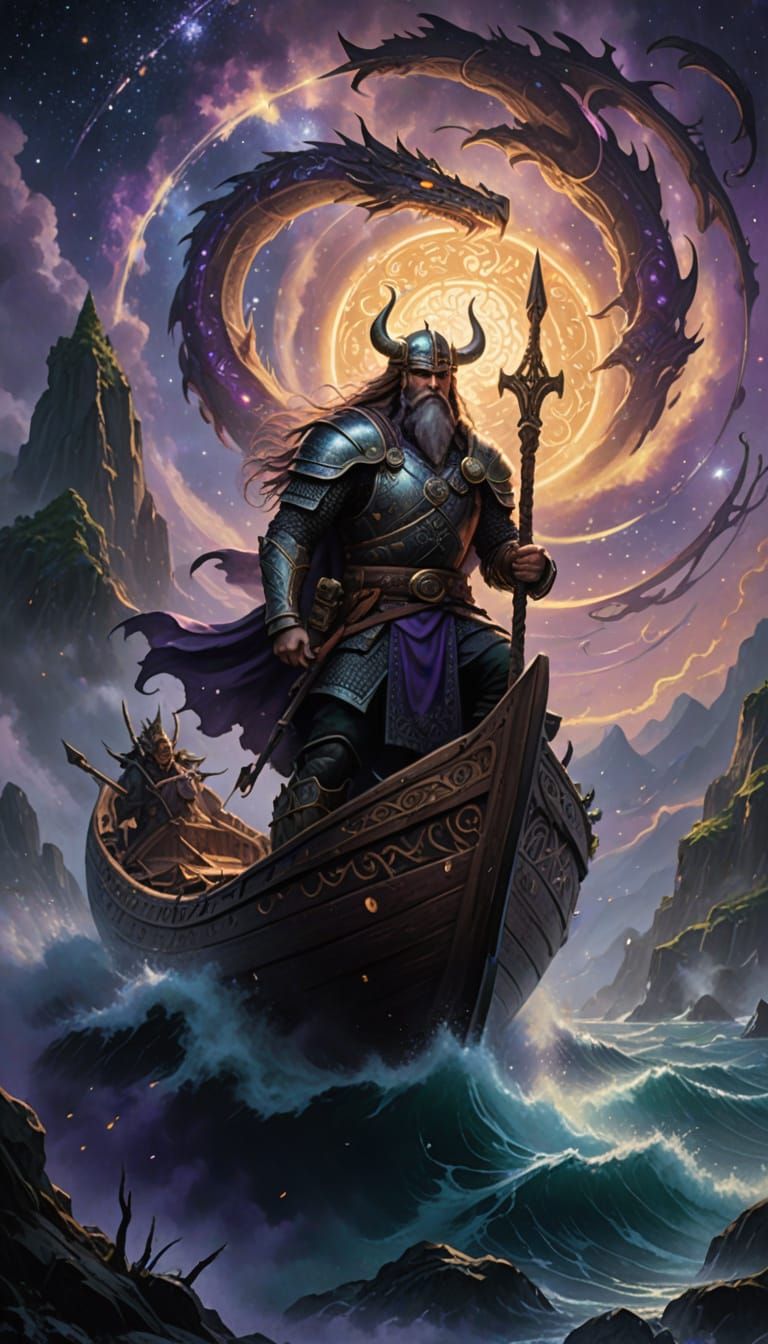 Viking Warriors Ride Serpent-Like Drakkar Through Cosmic Vor...
