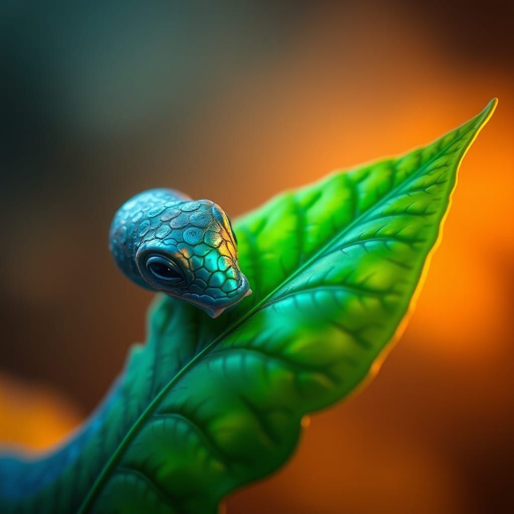 Iridescent Worm Devouring Emerald Leaf: Fantasy Concept Art