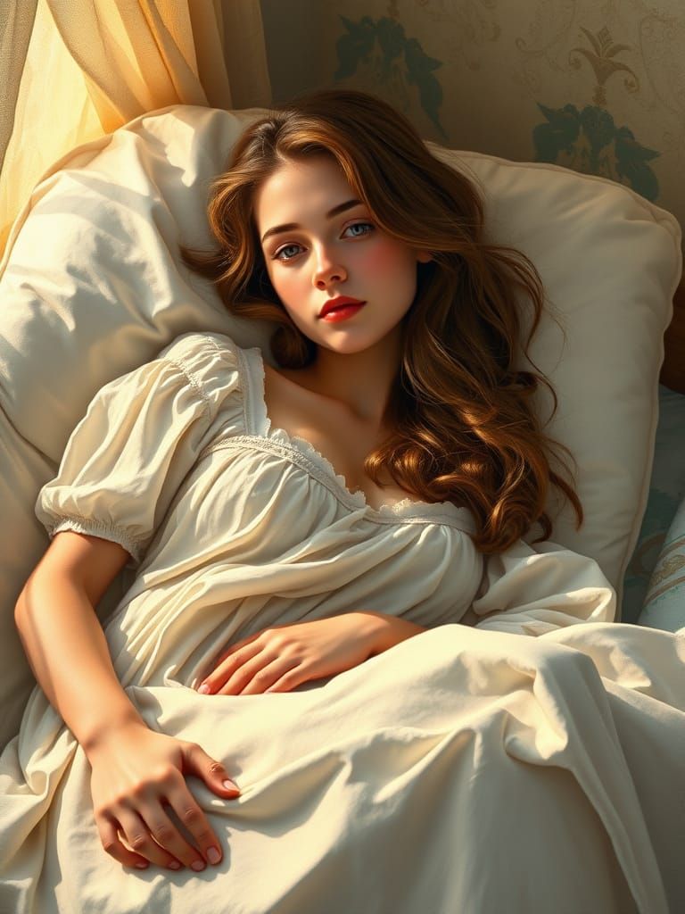 Dreamy Young Woman in a Cozy Bedroom Scene