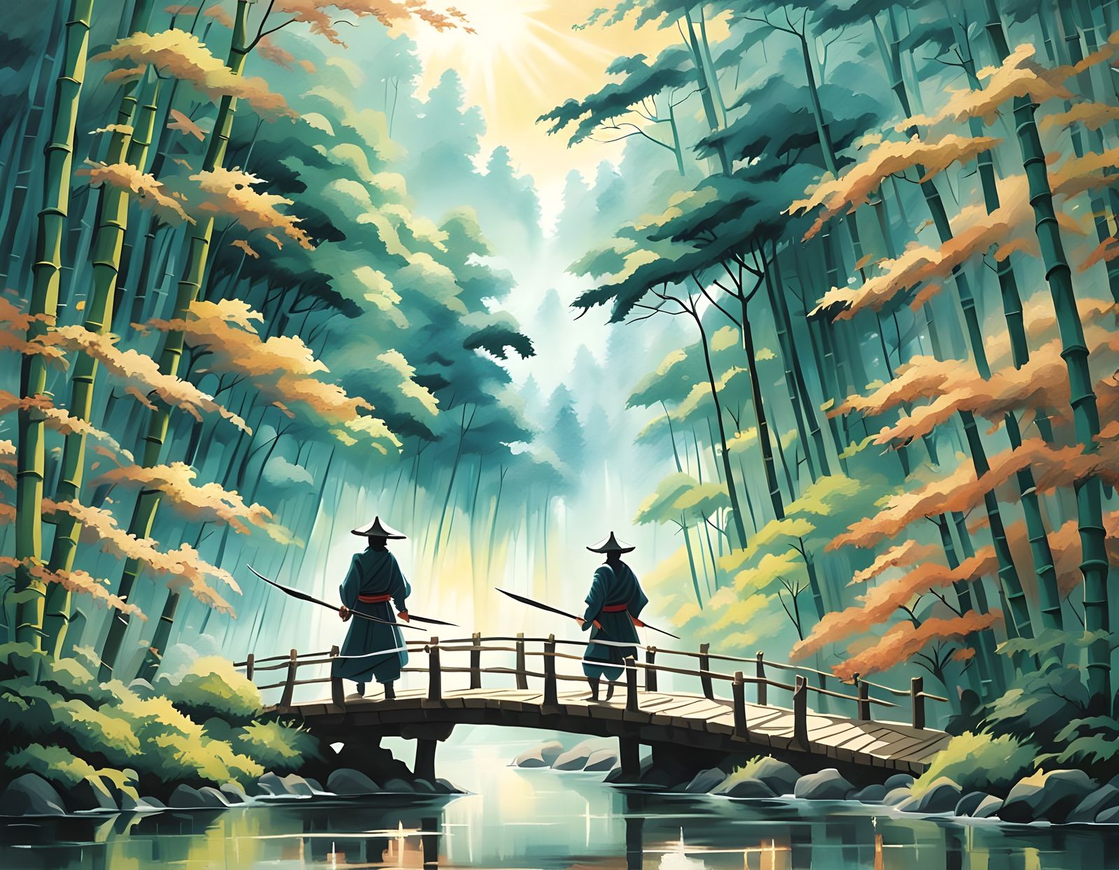 Samurai Duel on Bamboo Bridge in Feudal Japan