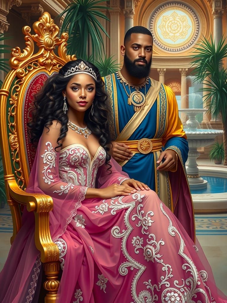 Regal Queen of Sheba in Majestic Throne Room Scene