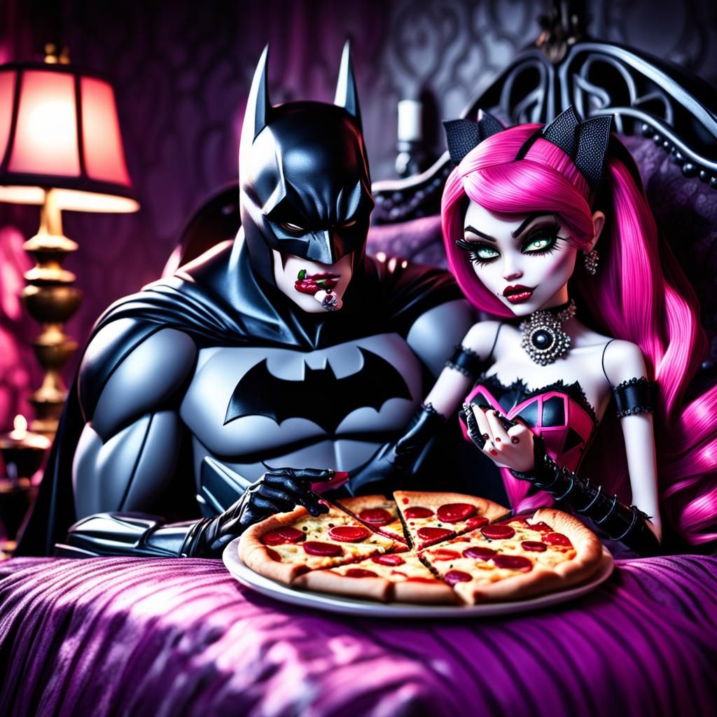 batman and monster high draculaura eating pizza in bed for a date