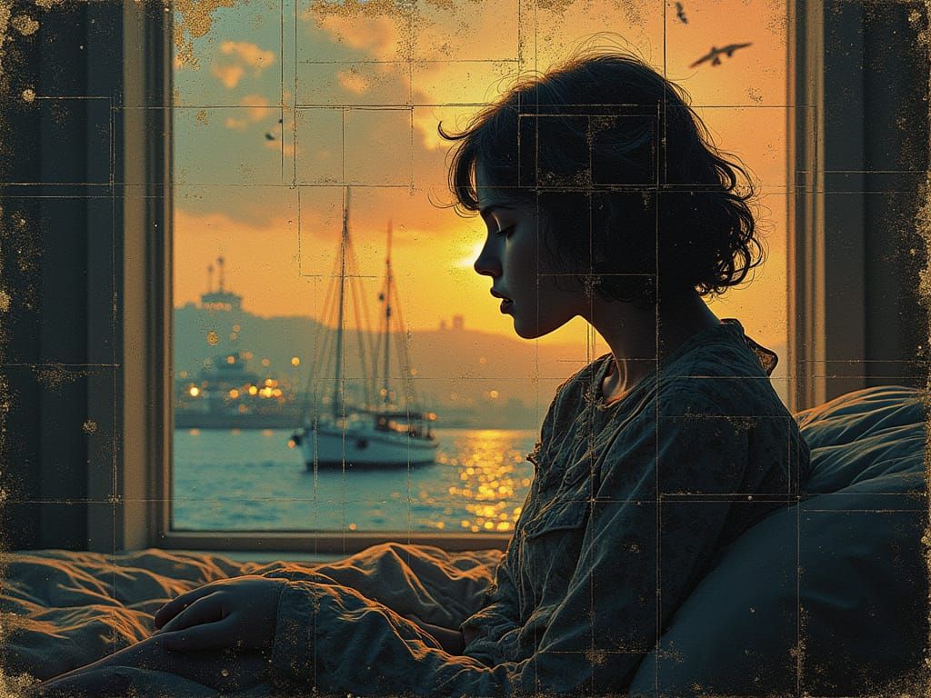 Dreaming Girl Silhouette in Darkwave Post-Punk Style