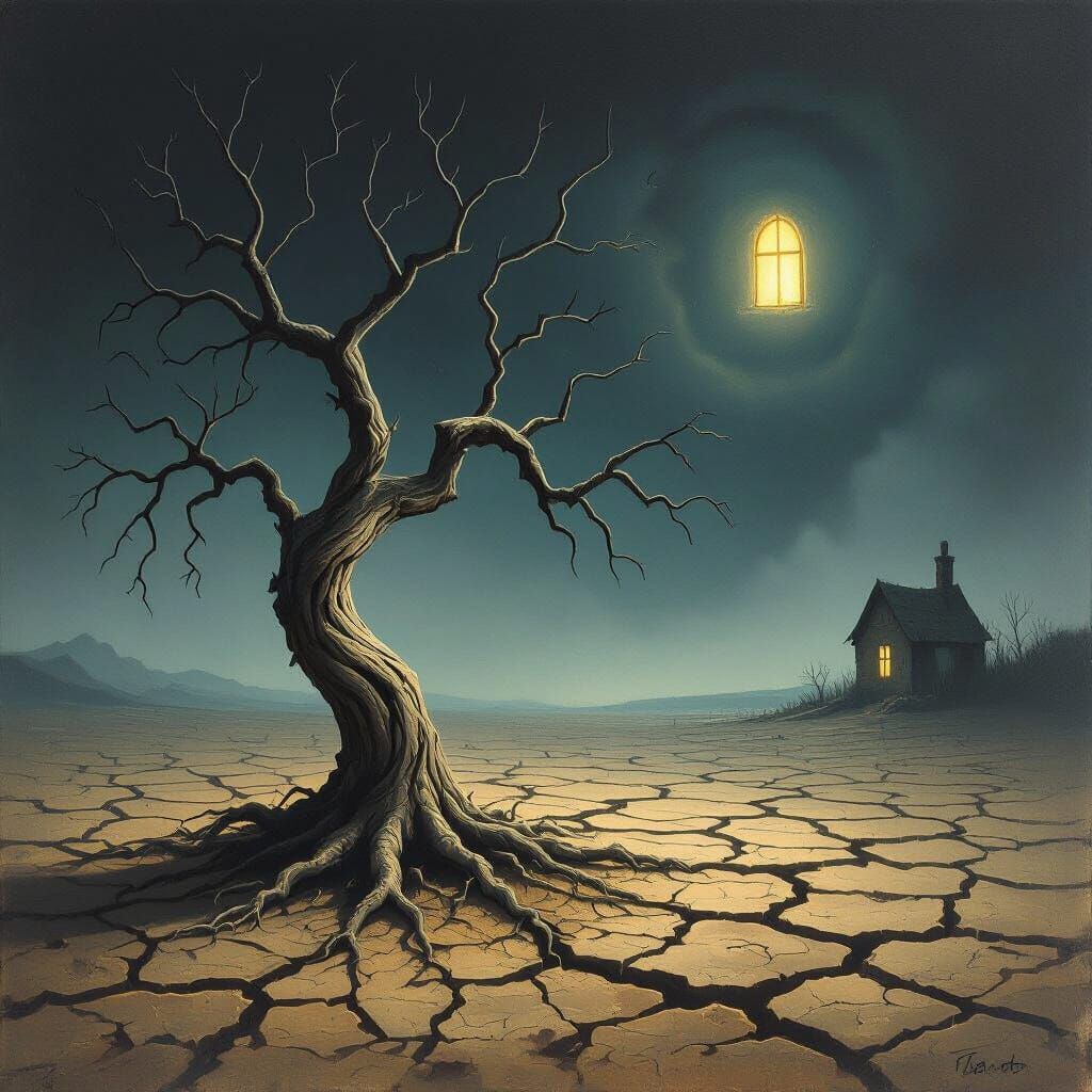 Gnarled Tree on Cracked Earth in Dark Painterly Style