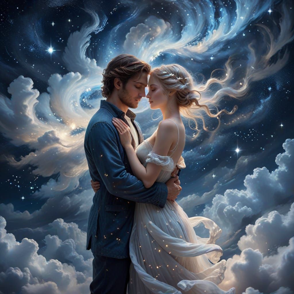 Ethereal Figures Embrace in Starry Cloudscape