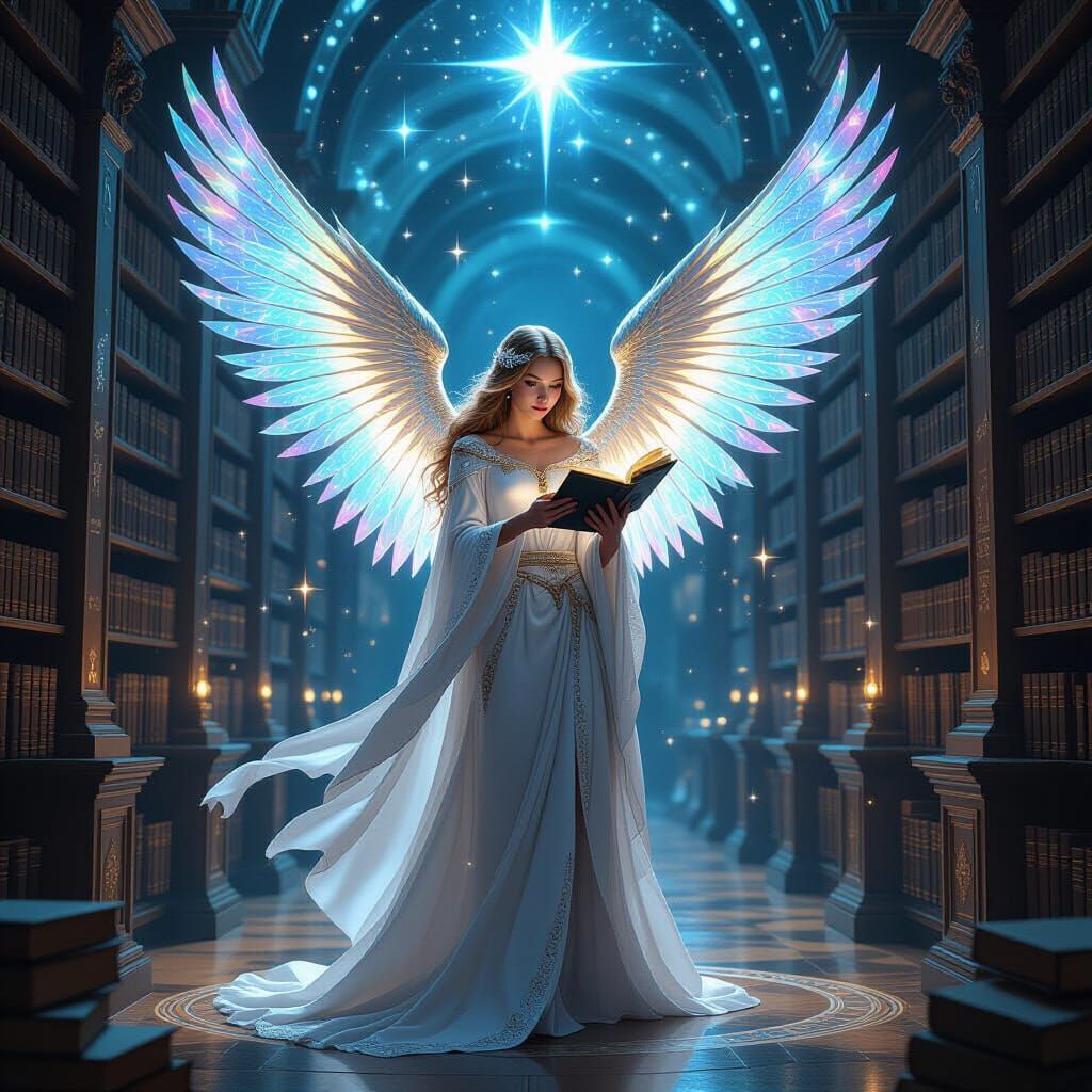 Celestial Librarian in Grand Library Among Stars