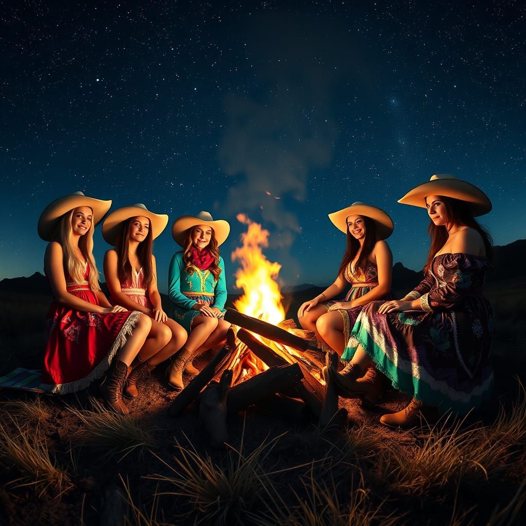 Cowgirls Enjoying Campfire Under Starry Night Sky