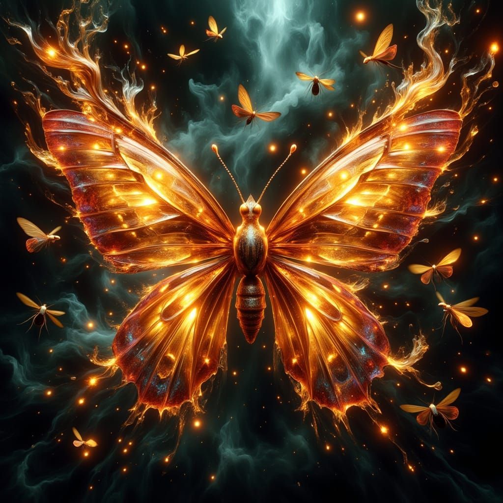 Glowing Fire Butterflies in Surreal Combat Zone