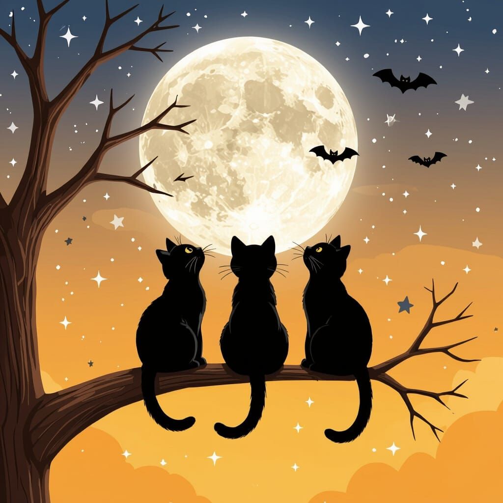 Black Cats Gaze at Halloween Moon