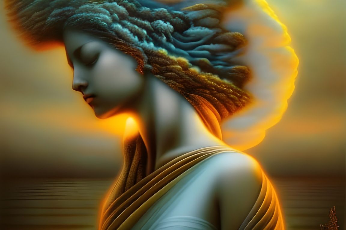 Ethereal Caryatid Statues in Steampunk Dreamscape