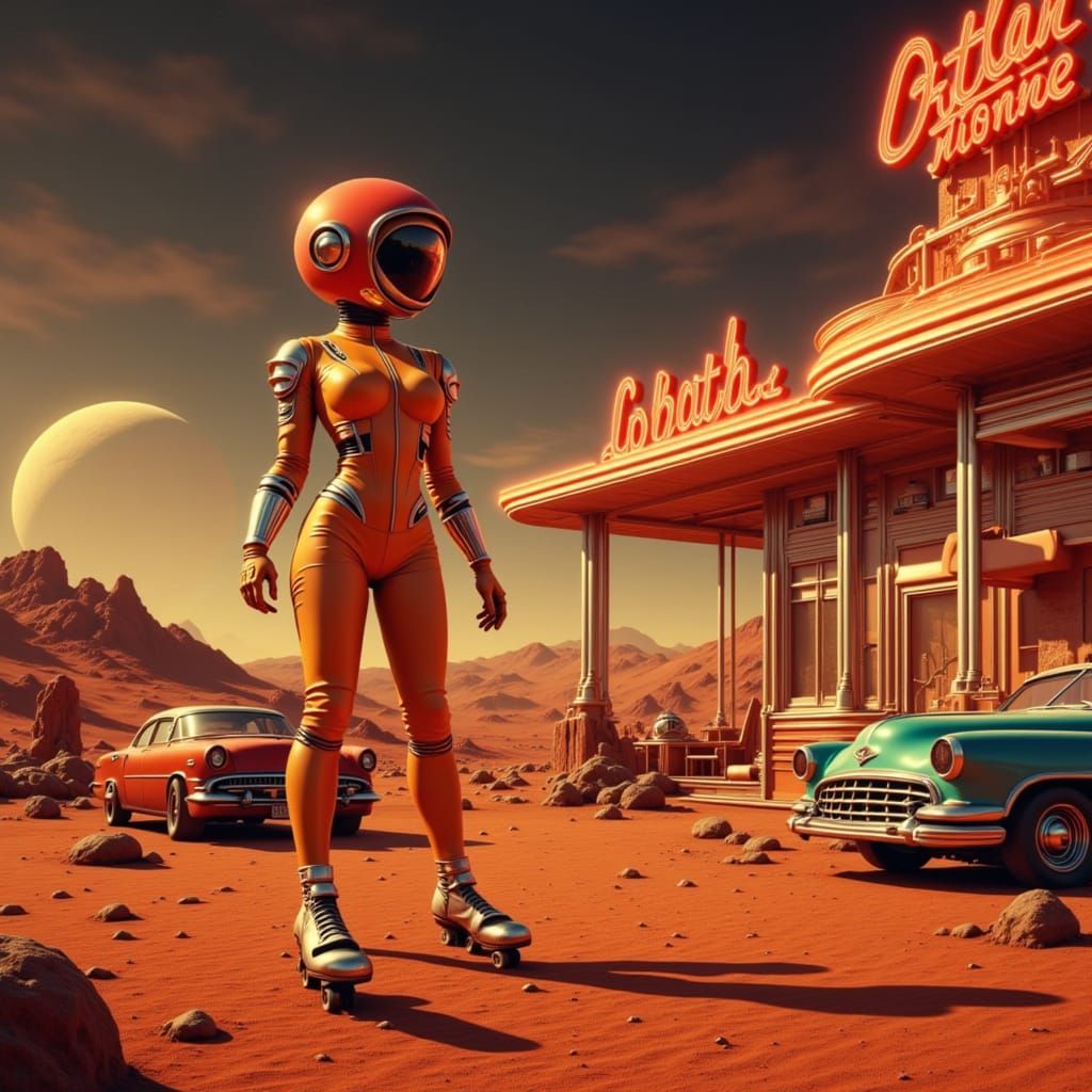 Retro-Futuristic Martian Diner with Robot Car Hop