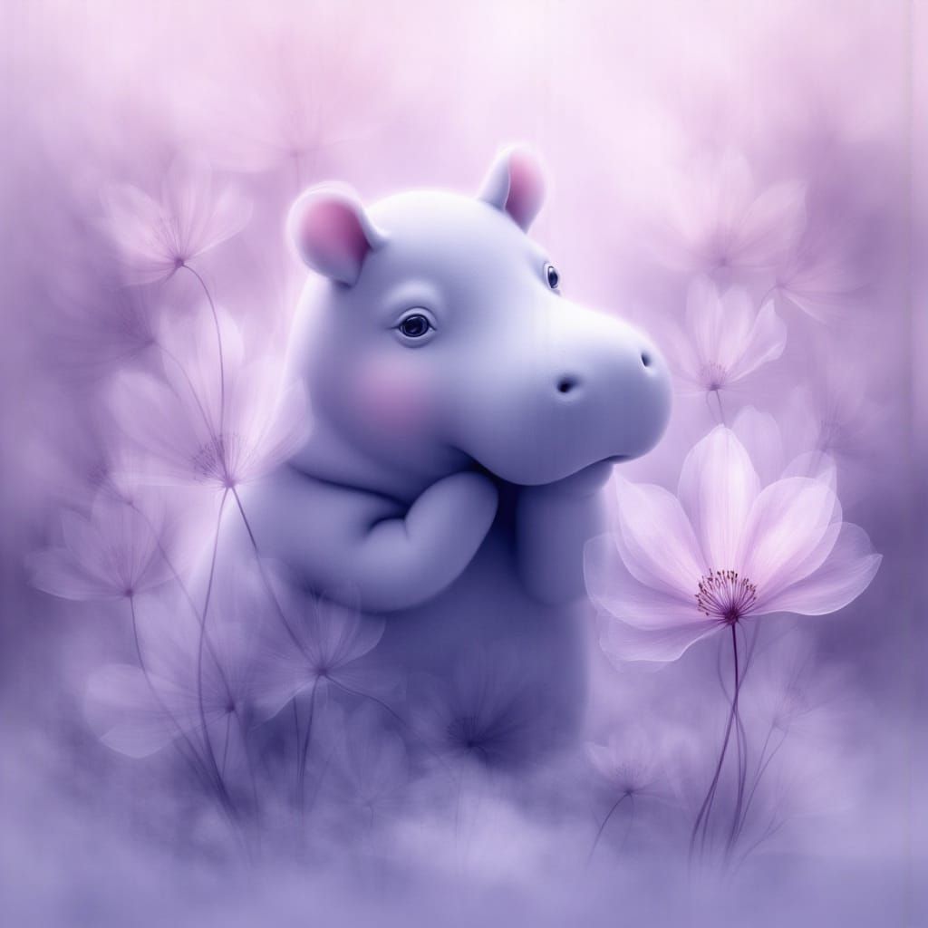 Ethereal Hippo in Lavender Mist, Dreamlike Digital Art