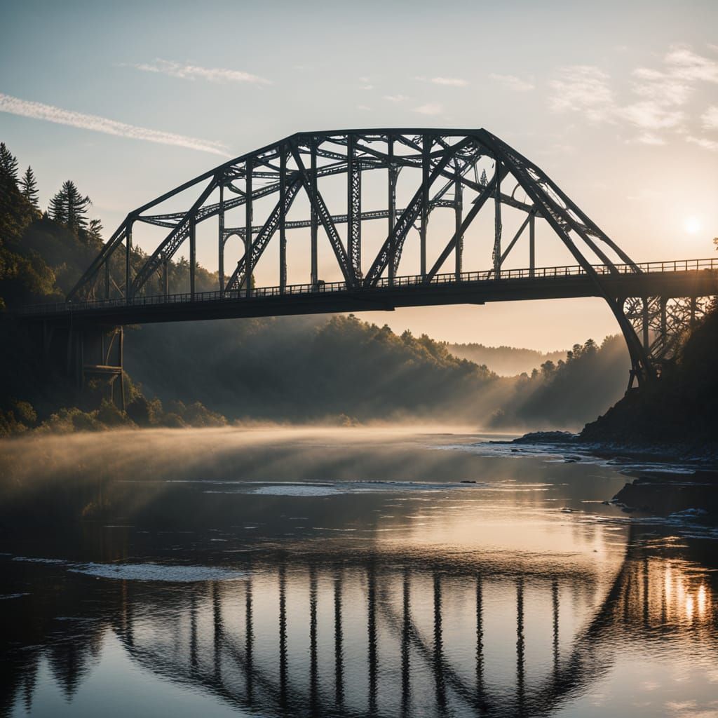 Majestic Dawn Bridge: Cinematic Film Still with Warm Golden ...
