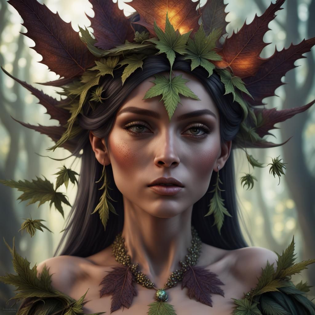 Fairy Priestess in Cannabis Dress: Detailed Fantasy Art