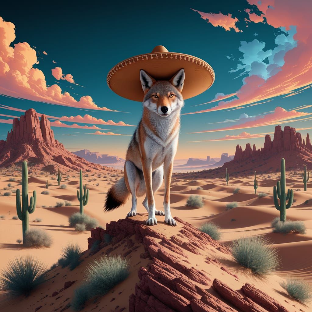 Coyote in Sombrero on Desert Ridge: Matte Painting