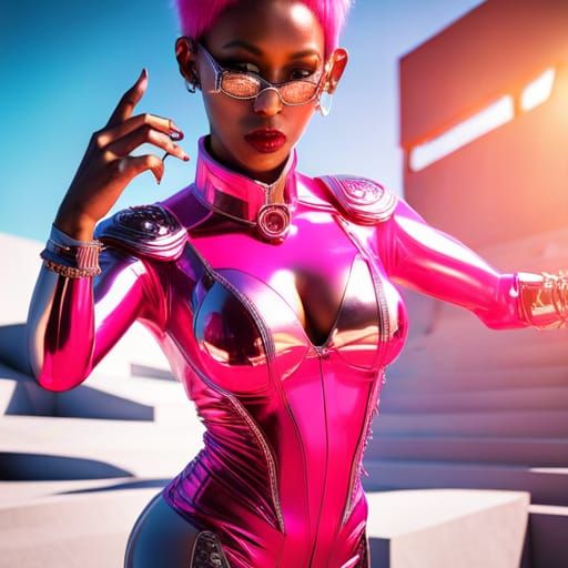 Pink Haired Woman with Gold Teeth in Vinyl Catsuit